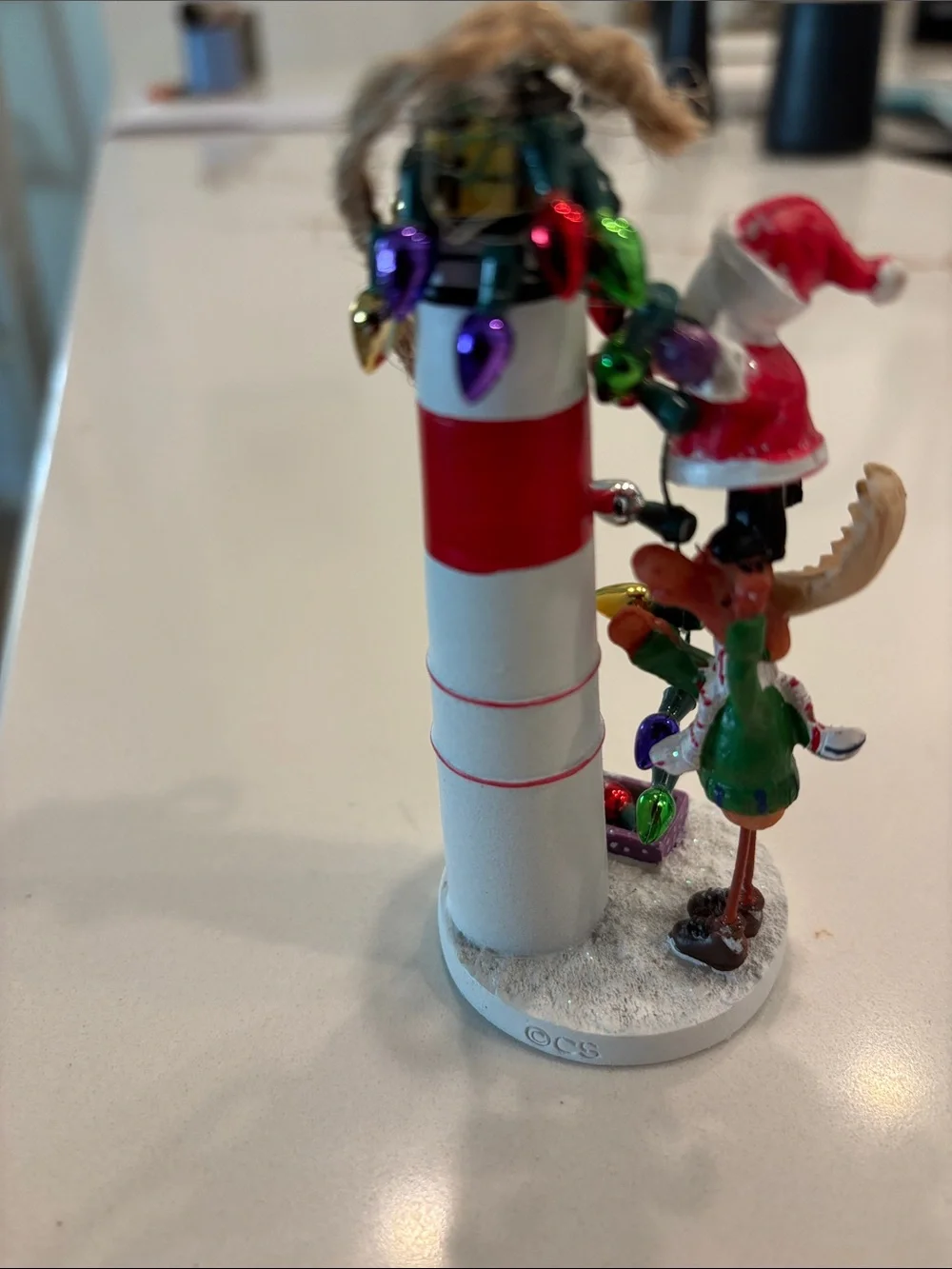Holiday Lighthouse Ornament with Santa and Reindeer - Red & White